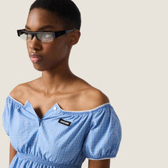 MiuMiu Women's Spring/summer Blue Striped Checkered Poplin Dress A Retro And Elegant Short-sleeve Mini Dress Lady Dress #84236A