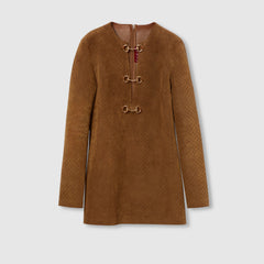 Gucci Women's Autumn/winter Buckle-front Suede Dress Retro-chic Elegant Sheepskin Long-sleeve Dress Dresses #81855A