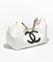 Chanel 26m Coco Beach Large Drawstring Beach Tote Bag In White With Black Double C Logo Stylish Elegant Chain-strap Bags Lady Bags #197029