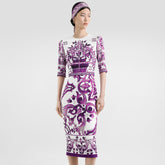 Dolce&Gabbana Majolica Printed Vegan Crepe Satin Dress Women's Spring Summer Purple Fashion Elegant Evening Dresses Ngvp #2428