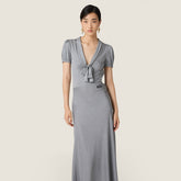 MiuMiu Women's Fashion Trend V-Neck Bow Grey Long Knit Dress Lady Structured Cut Elegant Knit Dress #194607