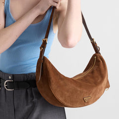PRADA Classic Crescent Shape Suede Shoulder Bag Oversized Fit Adjustable Handles Women's Handbag #81941L