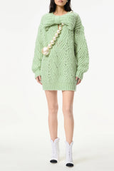 Chanel Women's Spring/Fall High-Street Bow-Neck Knit Long-Sleeve Solid-Color Mohair Wool Short Dress Dresses Ngvp #2597