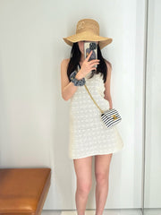 Celine Women's Summer TRIOMPHE Solid Color Crochet Knitted Cotton Strapless Mini Dress #77319