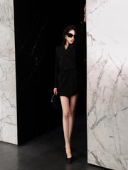 SAINT LAURENT Women's Spring. Autumn And Winter Double-Breasted Belt Solid Color Wool Short Black Dress Long-Sleeved Straight Coat Ngvp #9399