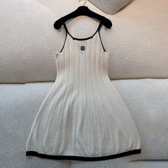 Chanel Women's Spring/Summer Color-Block Jacquard Knit Spaghetti Strap Dress Fashionable Vacation Casual Mini Dress Lady #82732A