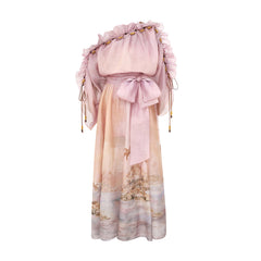 Zimmermann Women's Summer Solid Color Seascape Pattern Printed Silk Linen Ruffle Long Dress #77343