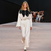 Chanel Women's Spring/Summer Bow-Tie Bell-Sleeve Silk Evening Dress Ivory Bell-Sleeve Elegant Vintage-Chic Dress Three-Dimensional Collar with Black Panel Detail Long-Length Fashionable Banquet Gown Lady #195411