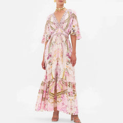 Camilla Women's Summer Fashion Pink Flower Silk Print Bohemian Diamond Slim V-neck Long Sleeve Dresses Ngvp #8783