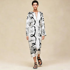 Hermes 26w Chain-detail Bow-tie Waistband Printed Silk Dress Women's Spring/summer Black And White Chain-detail Retro Elegant Maxi Luxury Dress Lady #197289