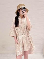 Dior Women's Floral Print Summer Belted Silk Solid Color Short Shirt Style Dresses #81182
