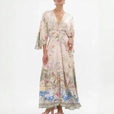 Camilla Women's Silk Floral Printed V-Neck Summer Mid-Length Waist Slim Dresses Ngvp #1442