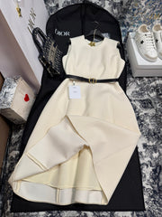 Dior Women's Spring/Summer Solid Color Round Neck Sleeveless Waist-cinched Dress #77256