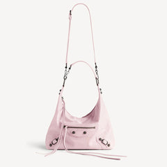 Balenciaga Women's Le City Hobo Bag Small Light Pink Fashionable New Retro Studded Motorcycle Bags #82614A