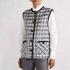 Valentino Women's Spring And Winter Tweed Sequins Check Pattern Solid Color Round Neck Single-Breasted Cotton Wool Blend Sleeveless Pocket Vest Ngvp #2111