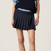MiuMiu Women's Summer Classic Deep Blue Pleated Skirt - Academy Style Short Dress with Checkerboard Waistband & Delicate Ruffles #75715