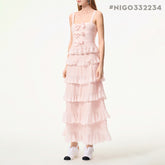 Chanel 25K Solid Color Pleated Knitted Design Suspender Long Dress Mohair And Silk Light Pink #332234