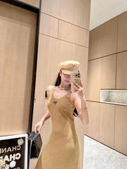 Prada Women's Summer Gilt V-Neck Knit Halter Long Dresses #72456