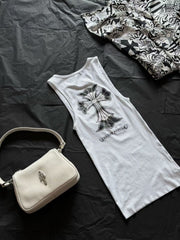 Chrome Hearts Women's Summer Sleeveless Tank Top With Sanskrit Print: Flattering And Slimming 100% Cotton Cross-back Design Vest Lady #195908