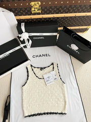 Chanel 26p Women's Spring/summer Holiday-style Openwork Knitted Colour-blocked Lace-trimmed Tank Top Vest Lady #82926A