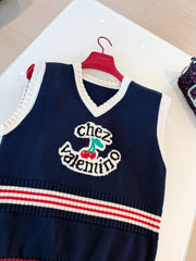 Valentino Women's Summer V-Neck College Style Cherry Embroidery Cotton Knit Sleeveless Solid Color Straight Tank Top Vest Ngvp #1959