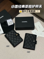 CHANEL Caviar Quilted Passport Holder Black Women's Black Checkered Square Wallet with Gold and Silver Buckles #82319A
