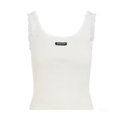MiuMiu Lace White Knitted Vest Women's Spring And Summer Fashion Elegant Slim Patch Logo Undershirt T-shirt Tops #81438