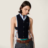 MiuMiu Women's Spring/Summer Letter Embroidered Sleeveless Tie-Front Knit Tank Top in Mohair Blend Fabric with Feminine V-Neck Design Lady Vest #195618
