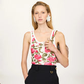 Chloe 26 Early Spring New Arrival Rose-print Cotton Knit Henley-style Crew Neck Women's Elegant And Delicate Tank Top Lady Vest # 196980