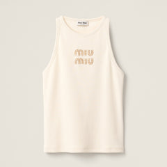 MiuMiu Women's Summer Solid Color Embroidery Beaded Letter Print Round Neck Sleeveless Tank Top Vest #75116