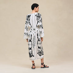 Hermes 26w Chain-detail Bow-tie Waistband Printed Silk Dress Women's Spring/summer Black And White Chain-detail Retro Elegant Maxi Luxury Dress Lady #197289