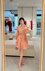 Valentino Women's Summer Checkered Lapel Tie Colorblocking Pleated Short Solid Color Silk Long Sleeve Dresses Ngvp #1255
