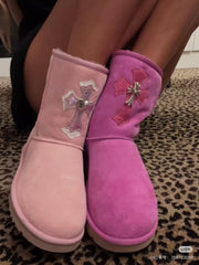 Chrome Hearts Winter New Winter Snow Boots For Men And Women Mid-tube Boots Cross-cotton Shoes Fashionable And Trendy Casual Warm Pink Boots #195122