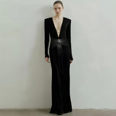 Alex Perry Women's Luxury Exquisite Black With Diamond Slim Long Dress Temperament Fashion Modern Long Sleeve Long Dresses Ngvp #2481