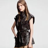 Louis Vuitton Women's Spring And Autumn Dark Curry Casual Loose Sleeveless Sheepskin Jacket Belt Lapel Vest Jacket Ngvp #8188