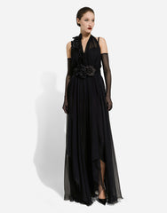 Dolce&Gabbana Women's Floral Detail Pleated Dress 3D Floral Backless Halter Neck Black Longline Sheer Tulle Dress Spring/Summer #192730