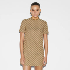 Gucci Women's Summer GG Jacquard Round Neck Canvas Short Sleeve Solid Color Fitted Dresses #71756