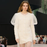 Chanel Women's Fall/Winter White Tweed Crew Neck Reverse Collar Long Sleeve Dress Stylish. Elegant. and Sophisticated Short Dresses #192773