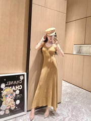 Prada Women's Summer Gilt V-Neck Knit Halter Long Dresses #72456
