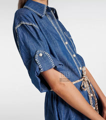 Zimmermann Women's Spring Summer Solid Colour Tassel Belt Denim Single Breasted Short Sleeve Dresses #76731