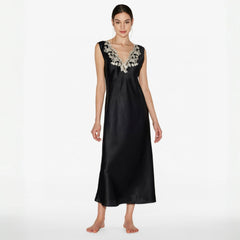 Laperla Women's Summer Lace Embroidery V-Neck Solid Color Silk Blend Sexy Mid-Length Sleeveless Pyjama Dresses Ngvp #1819