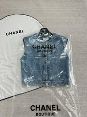 Chanel Women's Spring/Fall Casual Solid-Color Cotton Crew Neck Bow-Detail Denim Sleeveless Vest Ngvp #2591