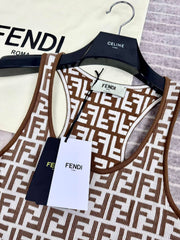 Fendi Women's Summer Brown FF Print Cotton Knit Top Fitted Sleeveless Vest #72933