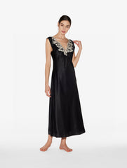 Laperla Women's Summer Lace Embroidery V-Neck Solid Color Silk Blend Sexy Mid-Length Sleeveless Pyjama Dresses Ngvp #1819