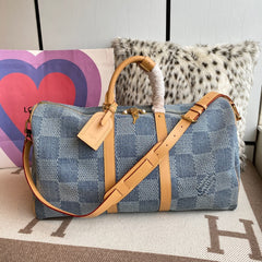 Louis Vuitton Keepall Bandoulière 50 Men's and Women's Detachable Adjustable Shoulder Strap Zipper Closure Denim Step Shoulder Tote Travel Bag Bags #75562