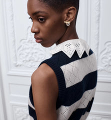Dior CD 26S Openwork Knit Tank Top Black And White Striped Diamond-patterned Openwork Jacquard Tank Top With Oversized Collar And Bow Lady Vest #196627