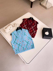 Chanel Women's Spring and Autumn Plaid Cashmere Crochet Two-color Knit Single-breasted Vest Jacket #73197