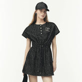 Chanel Women's Summer Solid Colour Round Neck Button-Up Waist-cinched Embroidered Logo Short Sleeve Short Dress #77939