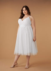 Diamond White A-Line V-Neck Sequins Tulle Dress