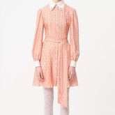 Valentino Women's Summer Checkered Lapel Tie Colorblocking Pleated Short Solid Color Silk Long Sleeve Dresses Ngvp #1255